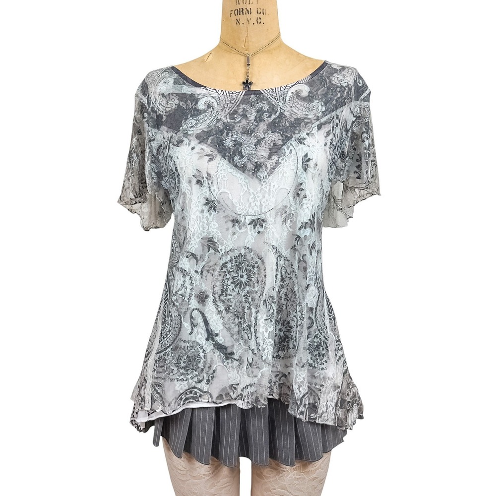 Roz & Ali Gray Paisley Lace Mesh Top Rhinestone Flutter Sleeve Boho Size L